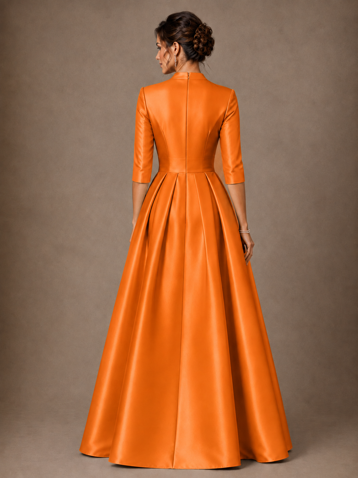 V-Neck Pleated Satin Mother of the Bride Gown with 3/4 Sleeves