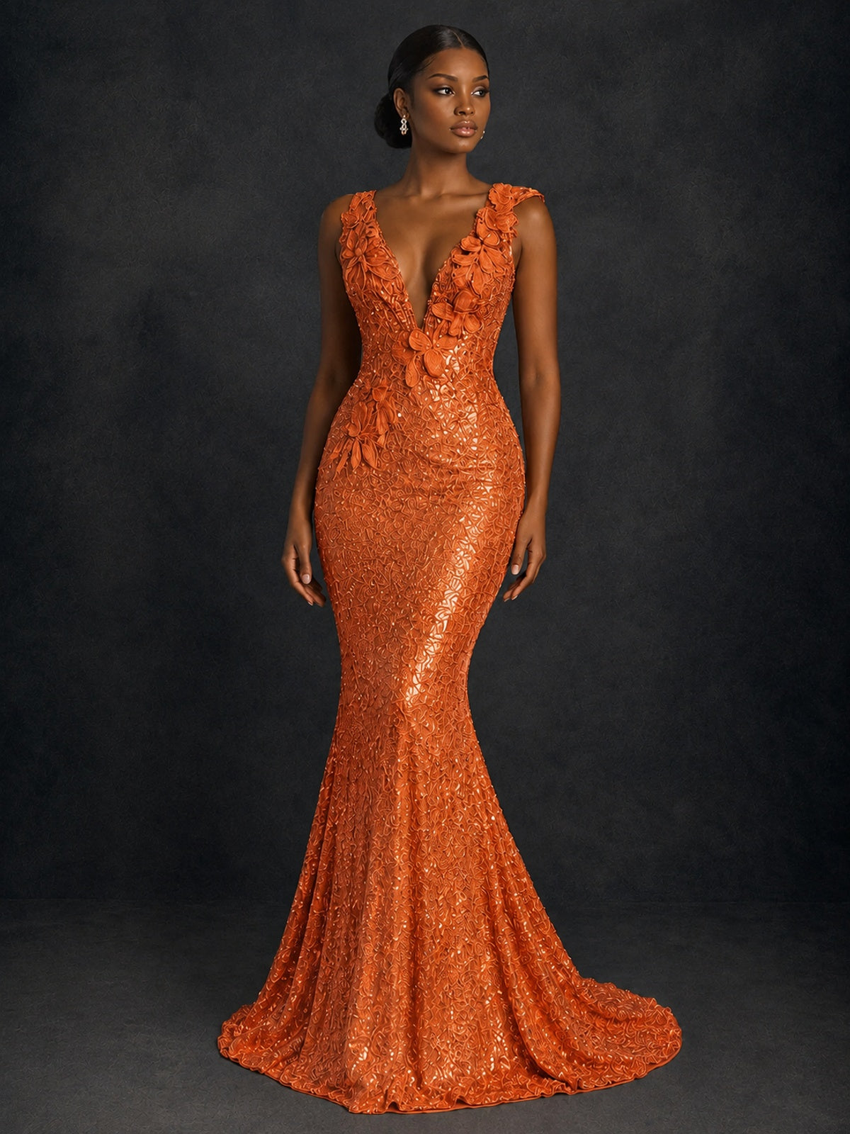 Gold Sequin Floral Applique Mermaid Prom Dress