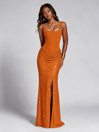 Sequin Corset Mermaid Prom Dress with Square Neck Wide Strap High Slit