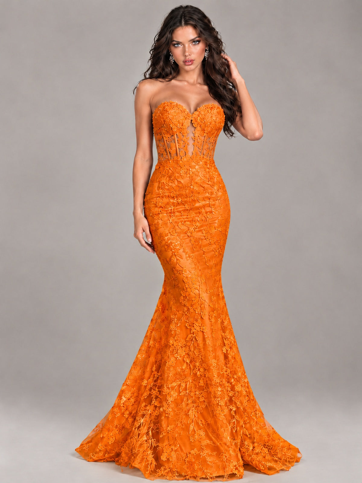 Strapless Corset Mermaid Prom Dress Lace Appliqué Formal Gown