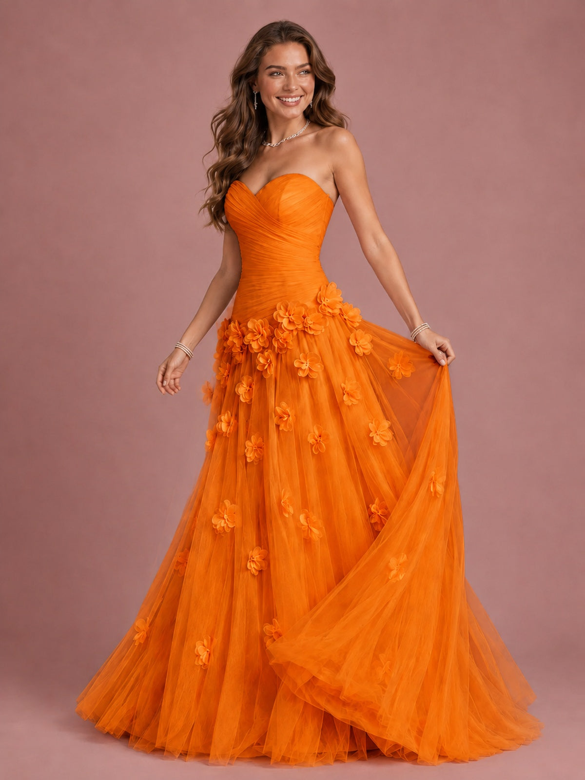 Blush Pink Strapless Sweetheart 3D Floral Tulle Ball Gown Prom Dres