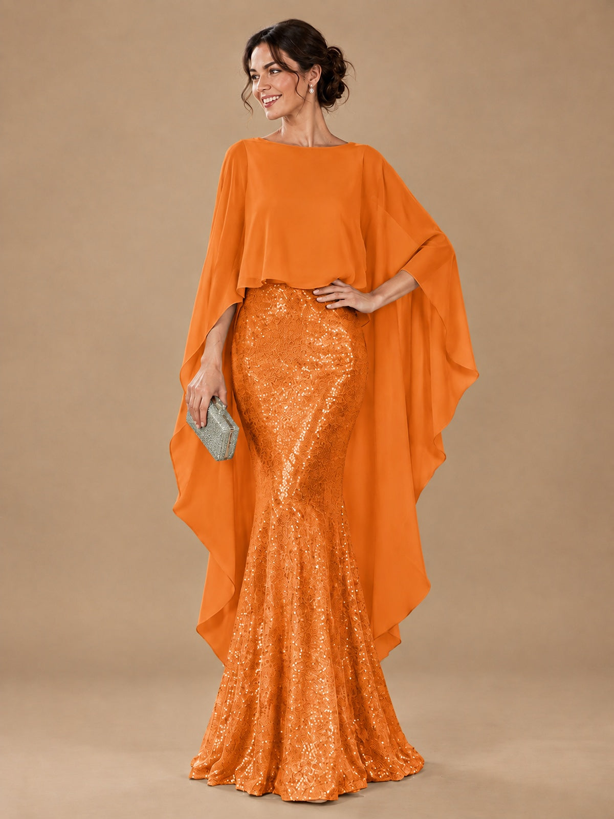 Sequin 2 Pieces Mother of the Bride Dress with Cap Sleeves Chiffon Formal Gowns