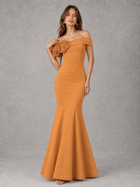 Blush Pink Off Shoulder Mermaid Bridesmaid Dress with Floral Rosette