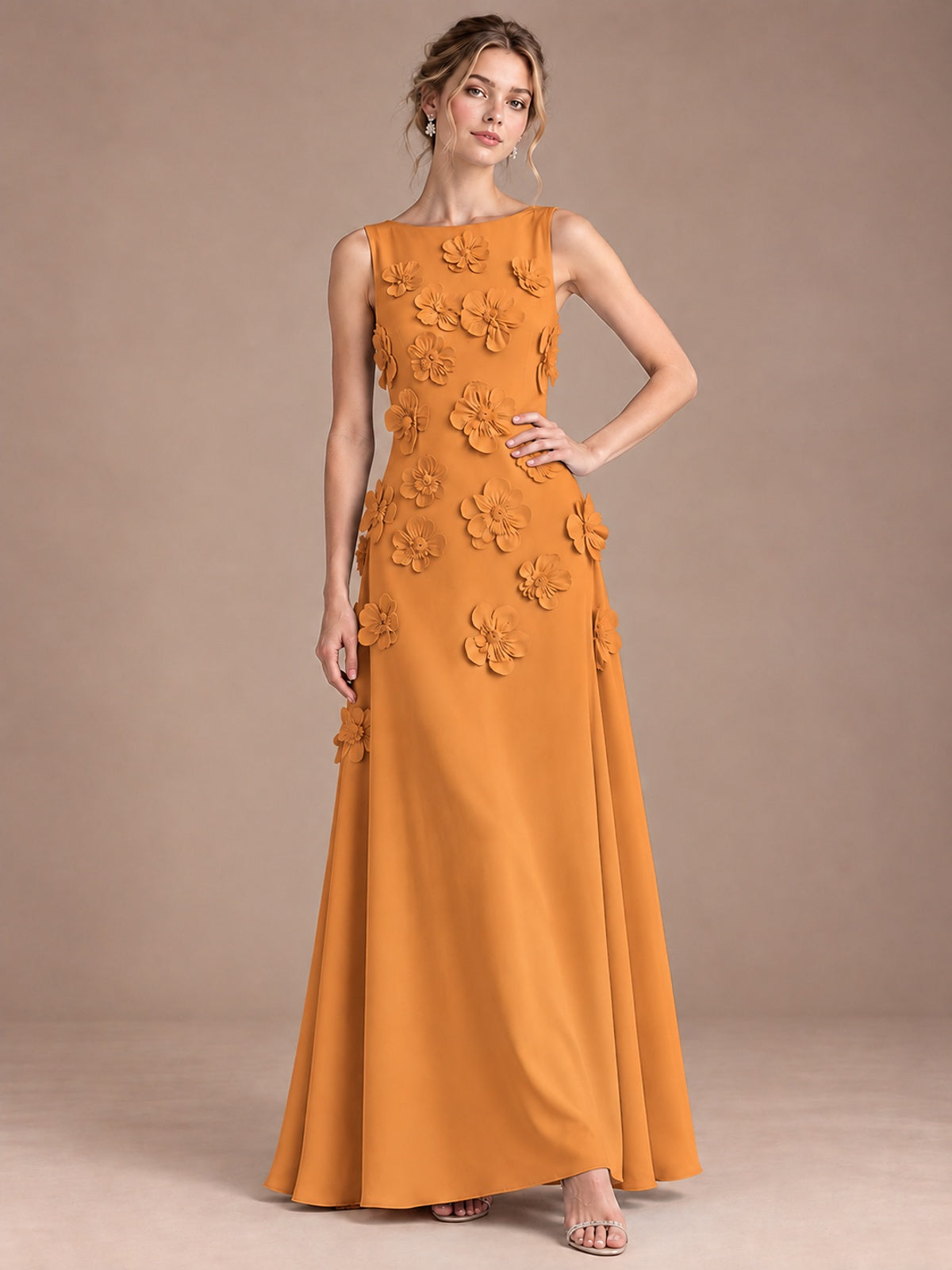 3D Floral Applique Sleeveless Formal Maxi Dress