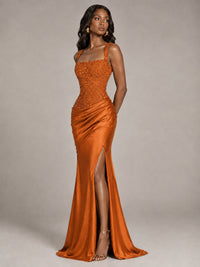 Scoop Neck Sequin Prom Dress with High Slit Satin Formal Gowns