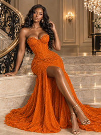Beaded Sequin Prom Dress Strapless Formal Gowns with High Slit Train