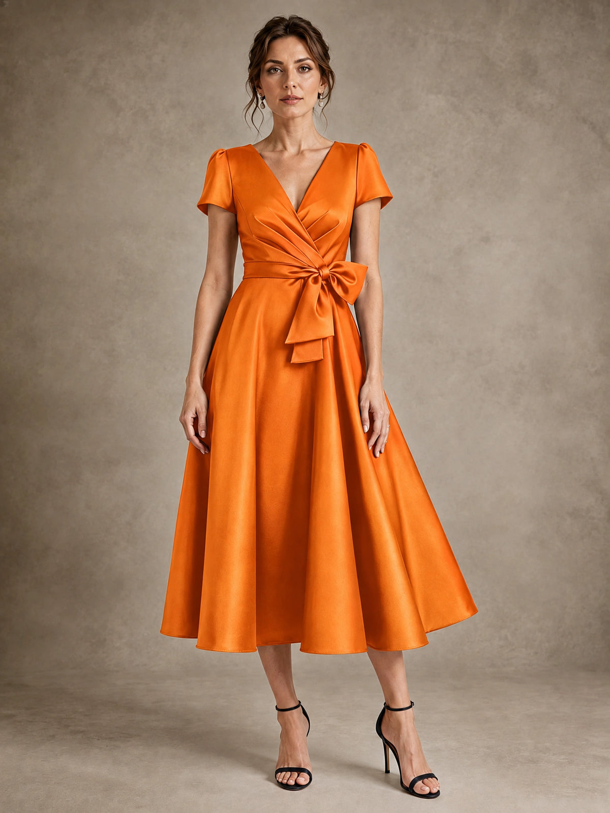 Orange V-Neck Tea-Length Satin Mother of the Bride Dress with Bow Jovellee