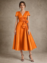 Orange V-Neck Tea-Length Satin Mother of the Bride Dress with Bow Jovellee