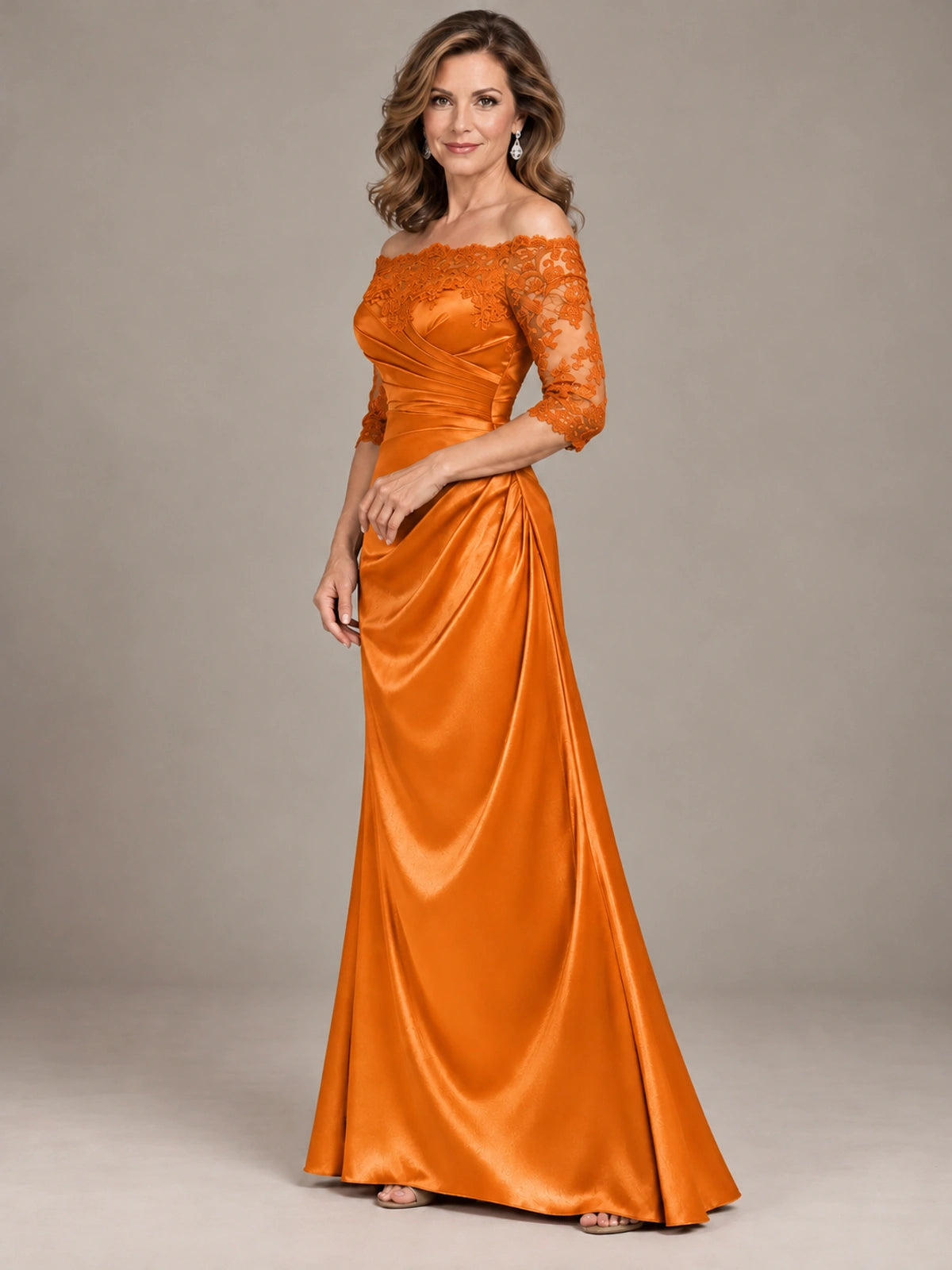 Satin Mother of the Bride Dress with Lace Sleeves Off Shoulder Formal Gown