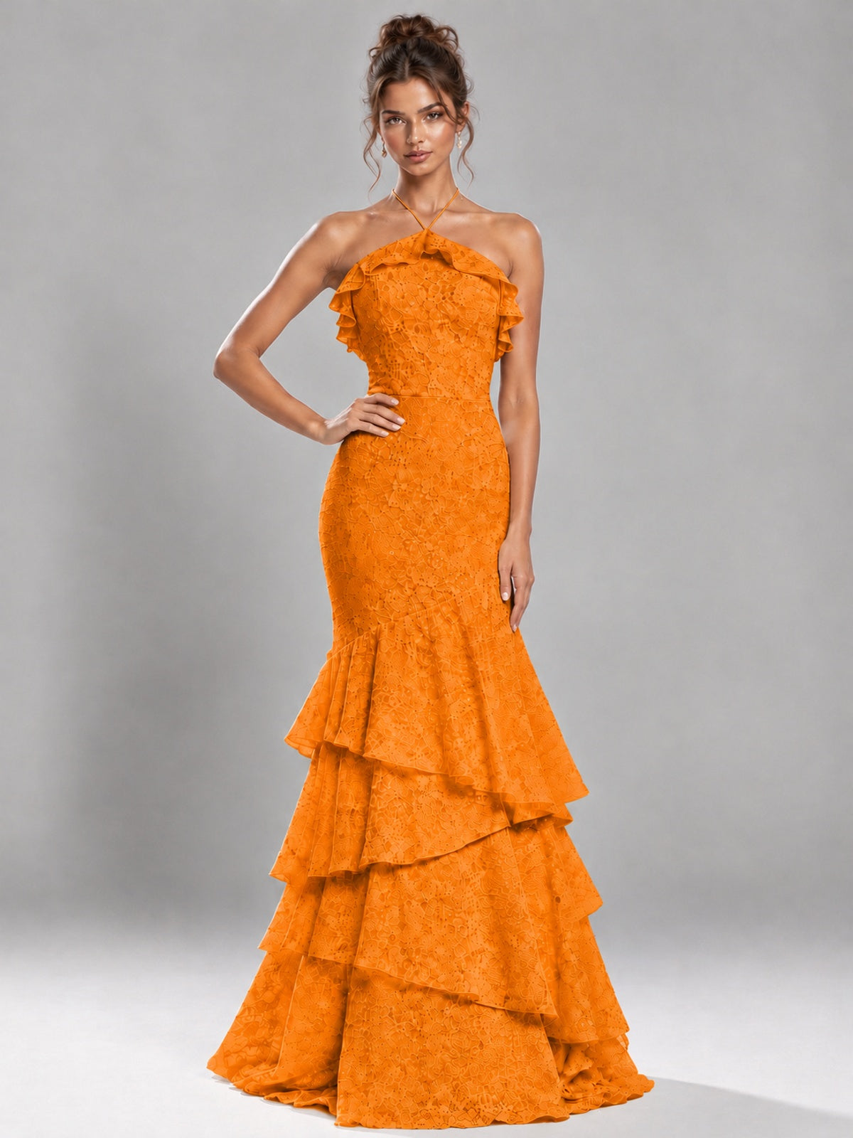 Halter Tiered Mermaid Prom Dress with Sparkly Lace