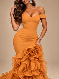 Dusty Blue Off-the-Shoulder Mermaid Prom Dress with 3D Rose & Ruffles