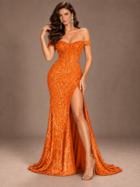 Off the Shoulder Corset Sequin Mermaid Prom Dress with Slit