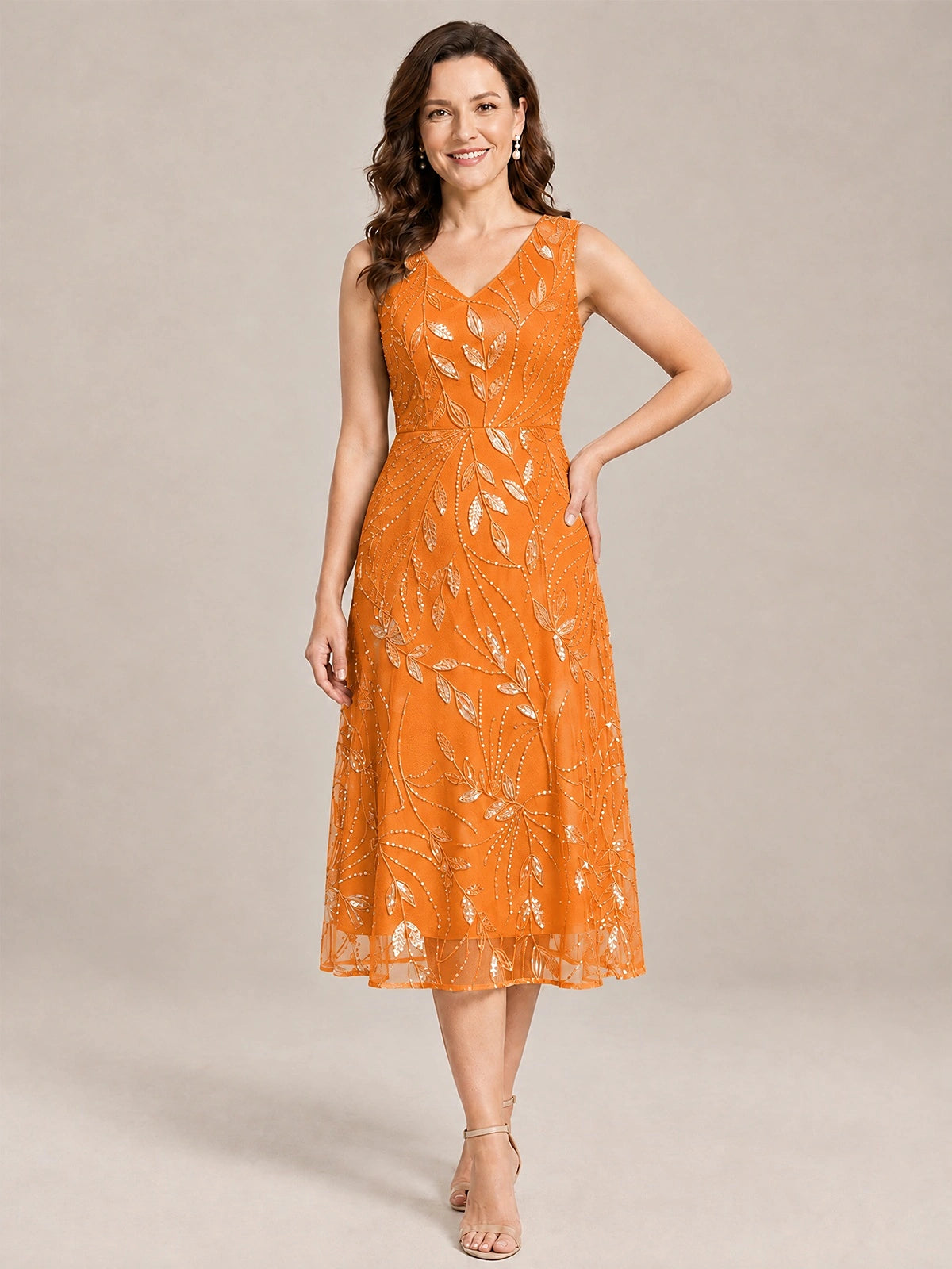 Tea Length Sequin Lace Mother of the Bride Dress with Chiffon Jacket