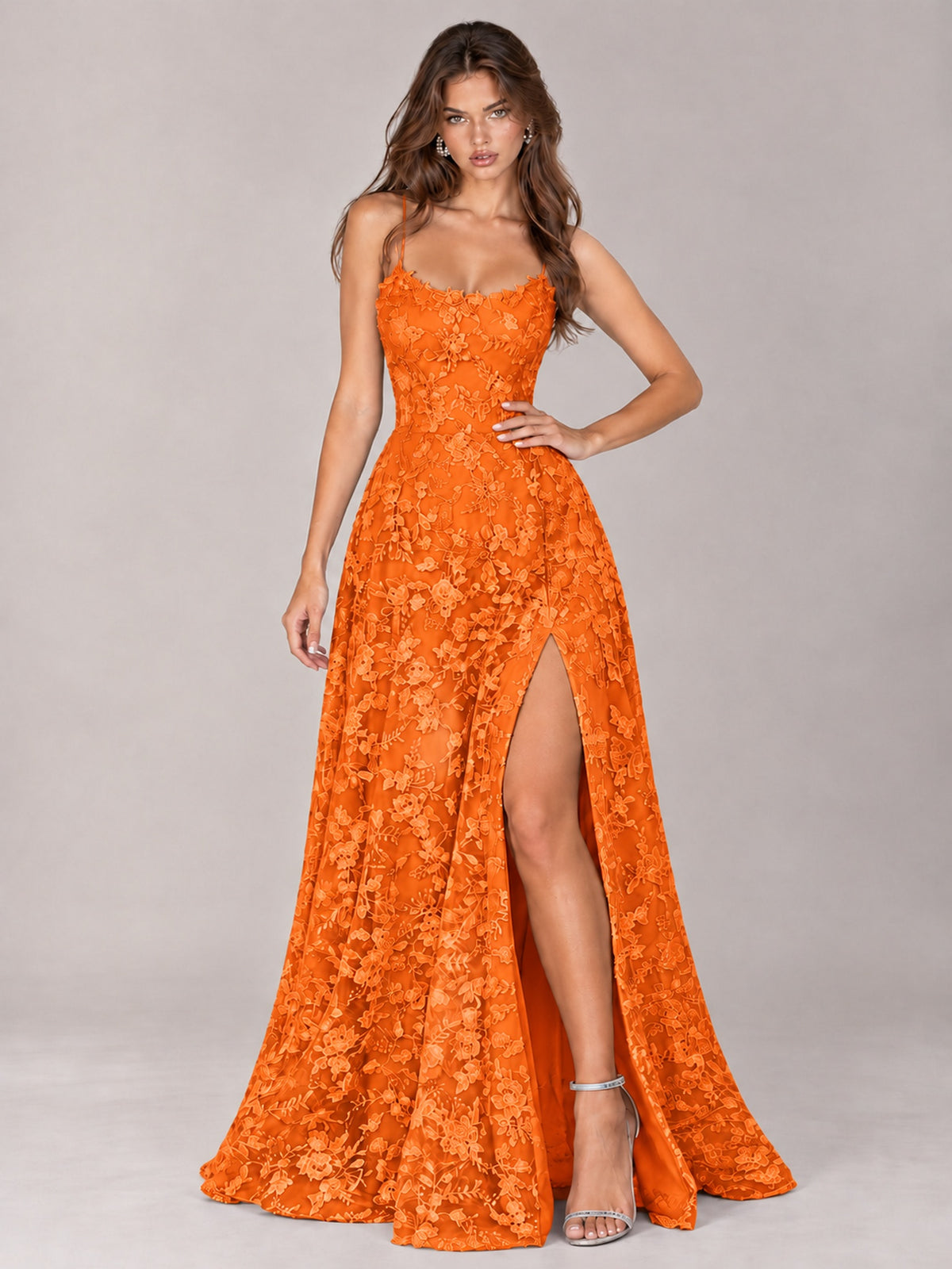 Floral Lace A-Line Prom Dress with Spaghetti Straps & High Slit