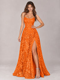 Floral Lace A-Line Prom Dress with Spaghetti Straps & High Slit