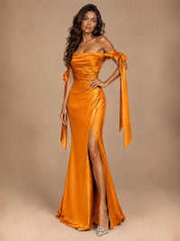 Off The Shuolder Satin Prom Dress Slit Mermaid Formal Gowns