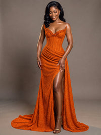 Luxury Strapless Sequin Corset Mermaid Prom Dress with High Slit & Train