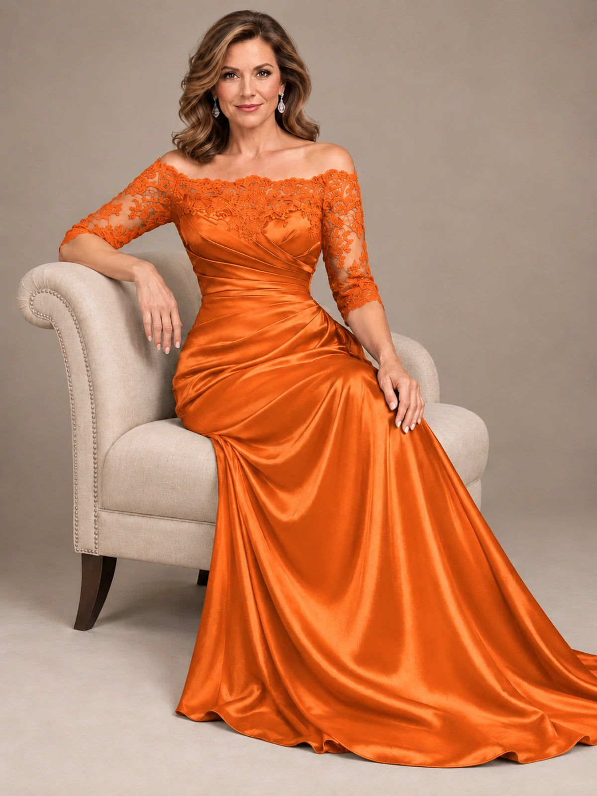 Satin Mother of the Bride Dress with Lace Sleeves Off Shoulder Formal Gown