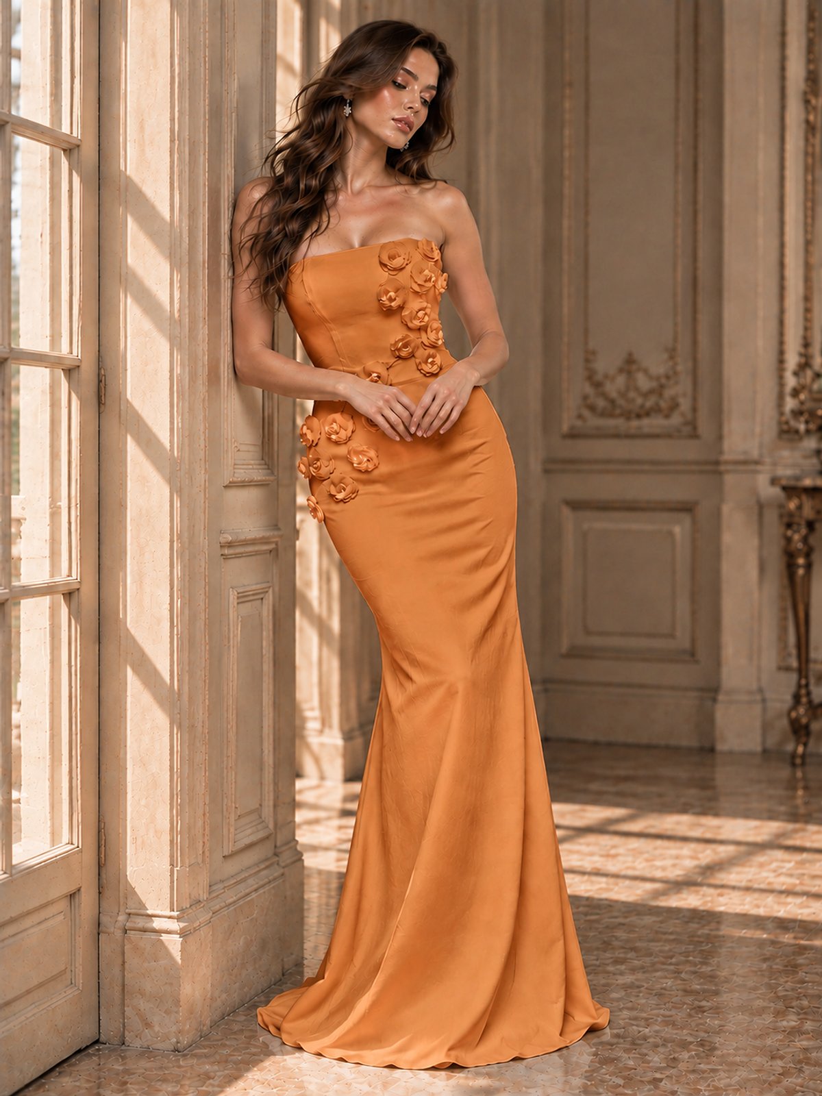 White Strapless Mermaid Maxi Dress with 3D Floral Appliques