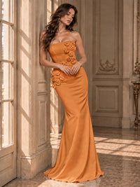 White Strapless Mermaid Maxi Dress with 3D Floral Appliques