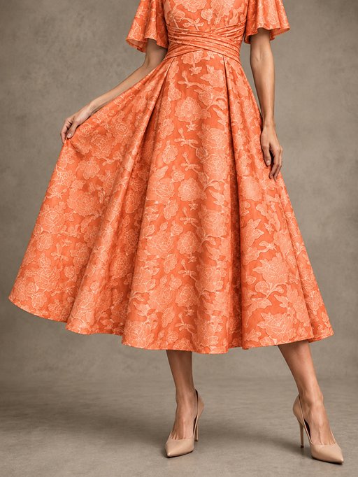 V-Neck Floral Jacquard Tea-Length Mother of the Bride Dress