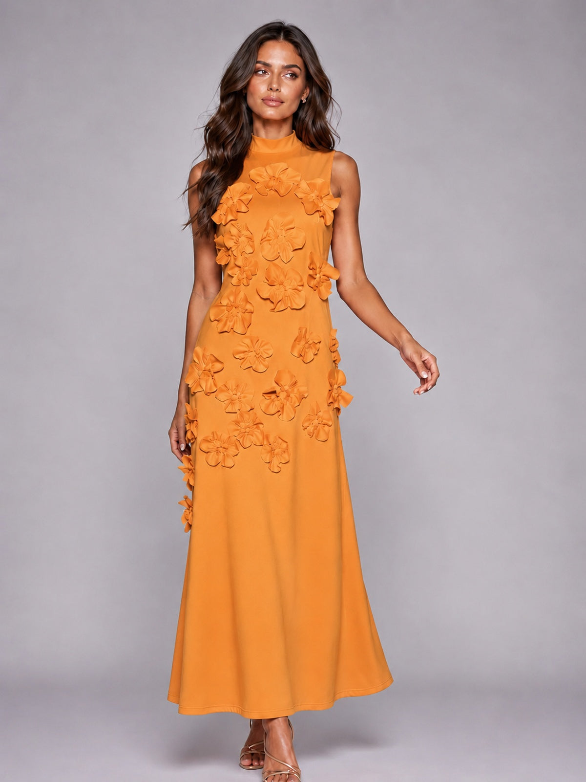 3D Floral Applique High Neck Prom Maxi Dress