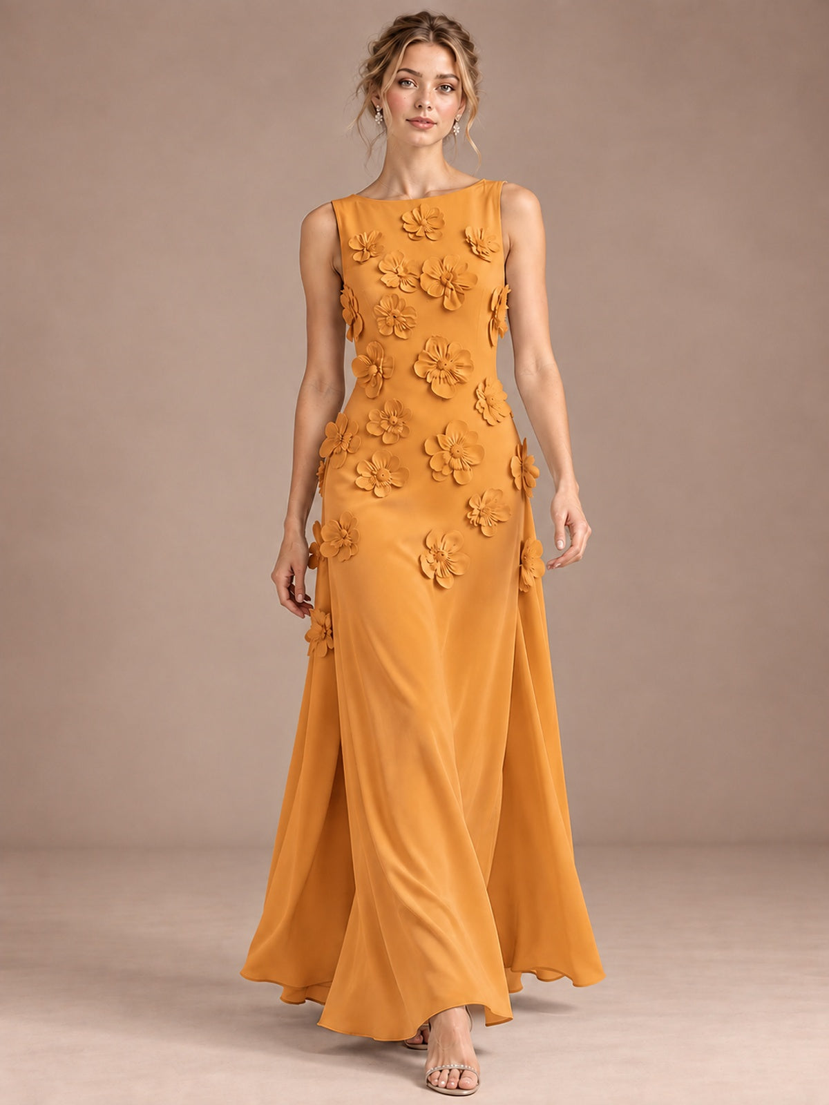 3D Floral Applique Sleeveless Formal Maxi Dress