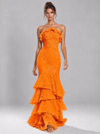 Halter Tiered Mermaid Prom Dress with Sparkly Lace