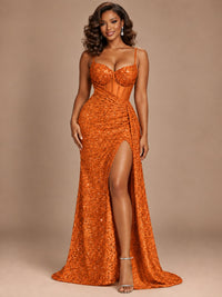 Burgundy Sequin Corset Prom Dress with High Slit