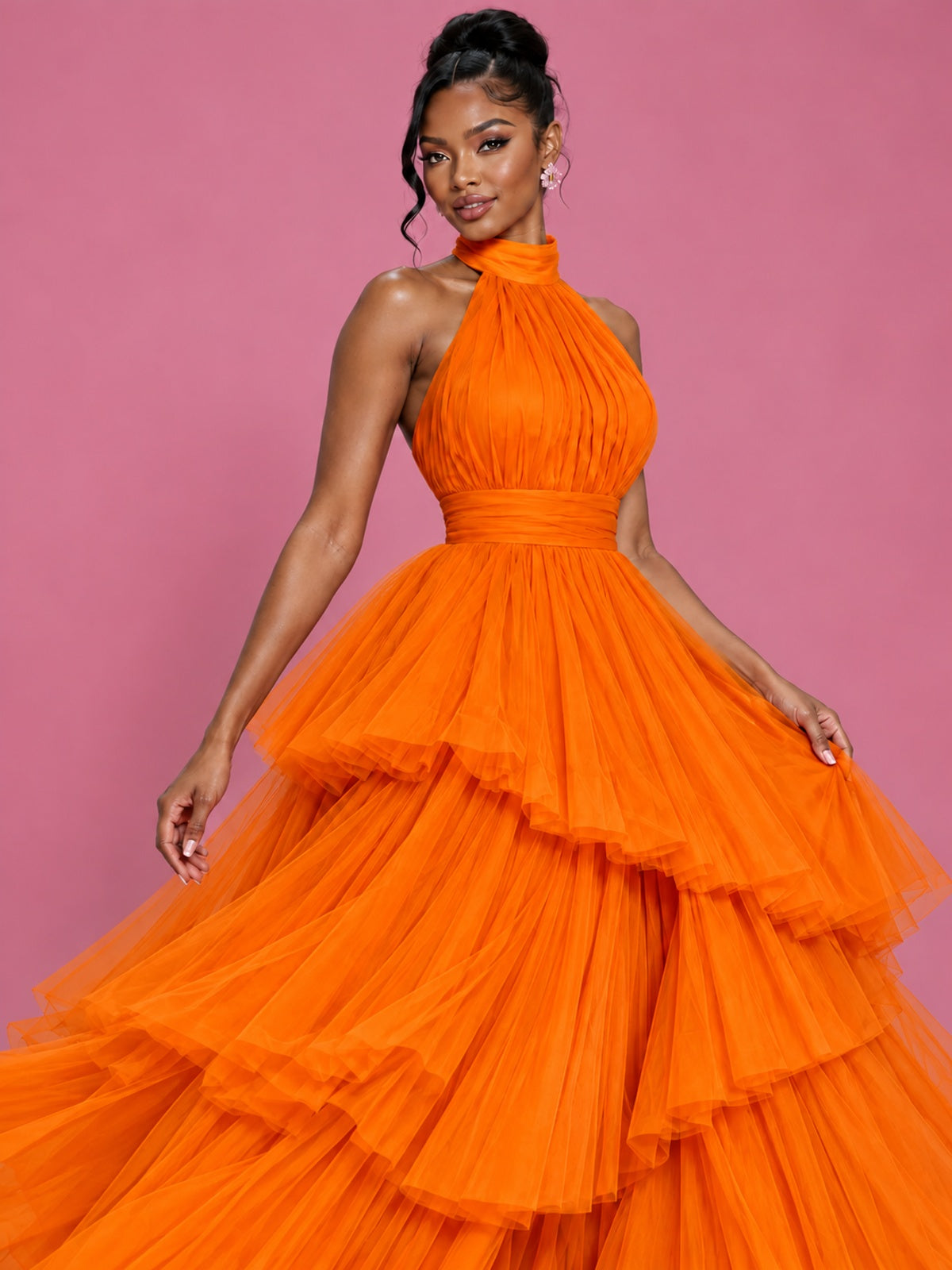 Hot Pink Tulle Halter Neck Tiered Ruffle Maxi Dress