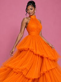 Hot Pink Tulle Halter Neck Tiered Ruffle Maxi Dress