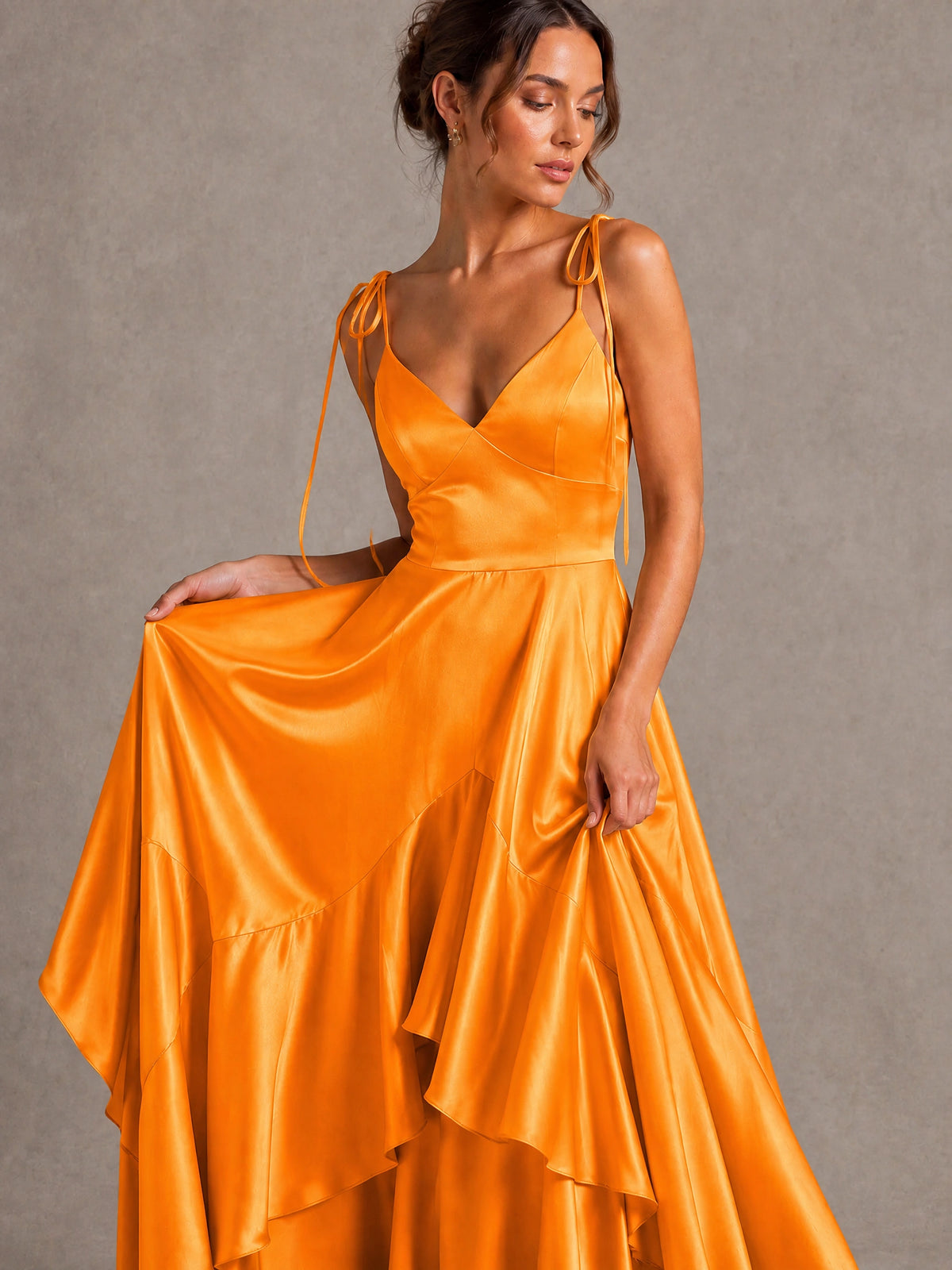 Lavender Satin V-Neck Ruffle Maxi Dress