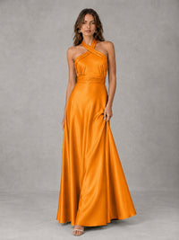Sage Green Satin A-Line Bridesmaid Dress with Halter Neck