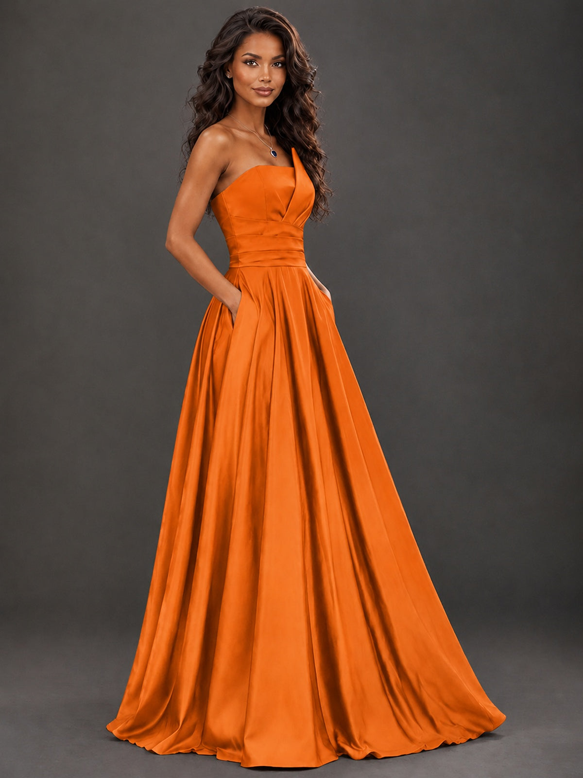 Draped Satin Prom Dress Strapless A-line Formal Dress Floor Length