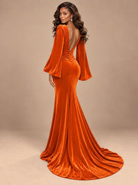Burgundy Velvet Deep V-Neck Ruched Long Sleeve Maxi Dress