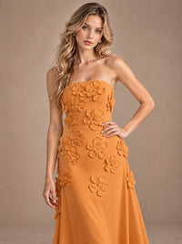 Yellow Strapless A-line Satin Maxi Dress with 3D Floral