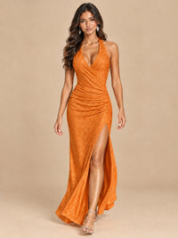 Halter V-Neck Sequin Mermaid Prom Dress with High Slit