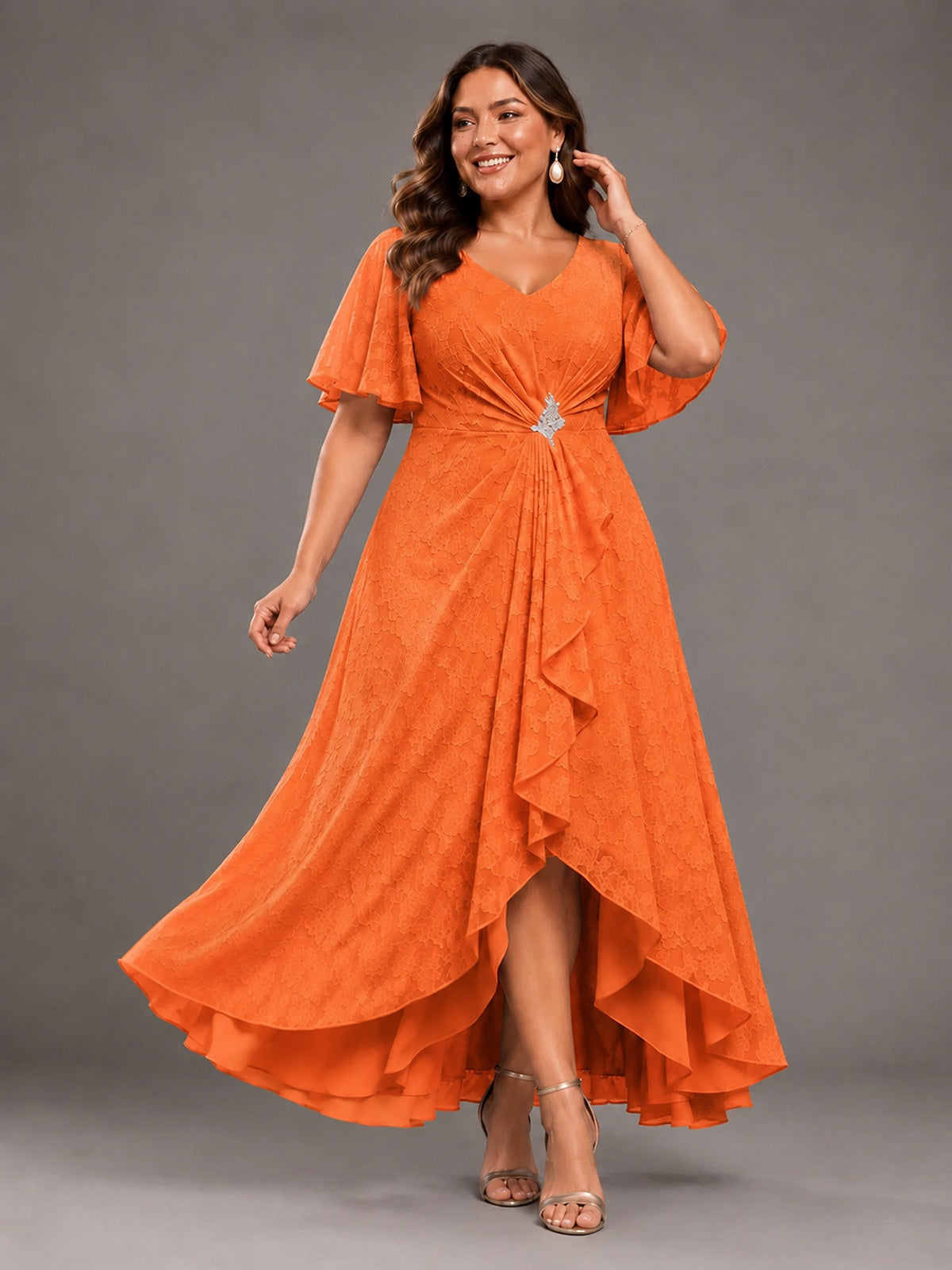 Jacquard Chiffon A-Line V-Neck High-Low Mother of the Bride Dress