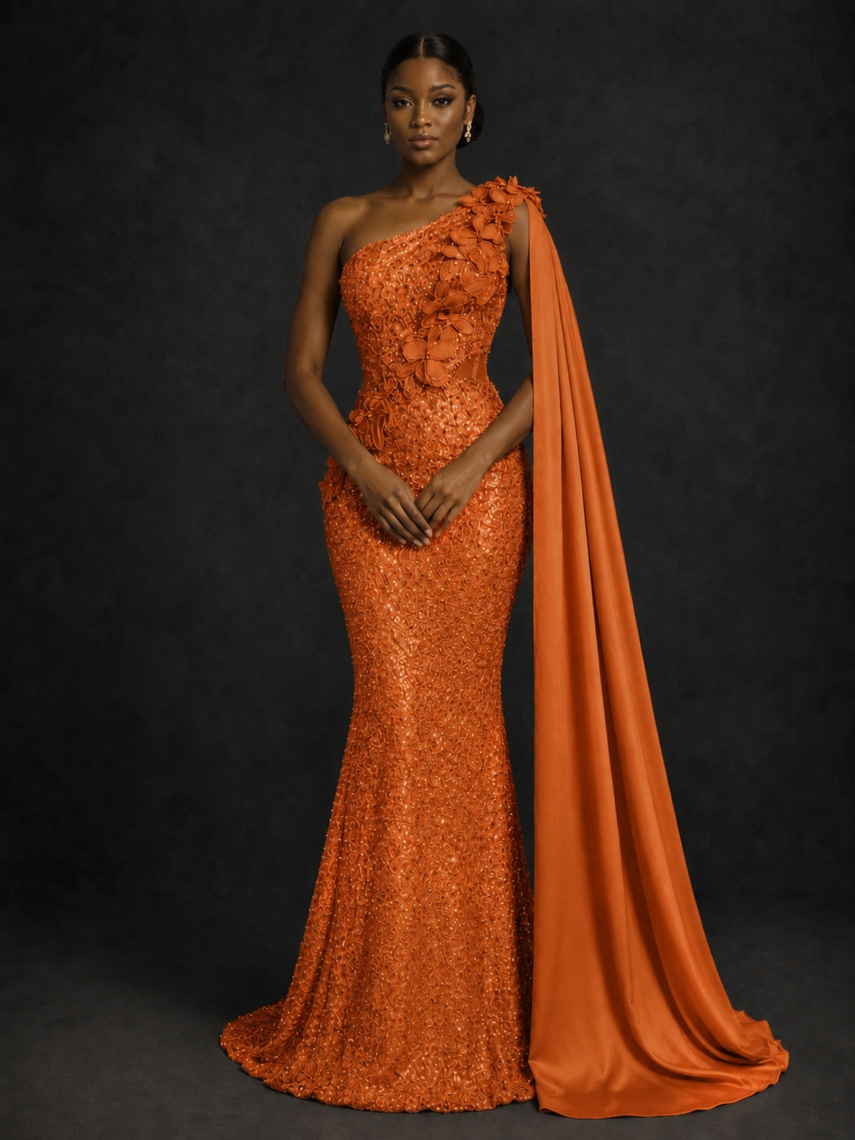 Gold Sequin One Shoulder Mermaid Prom Dress with Cape