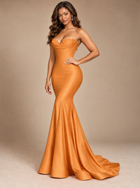 Red Strapless Satin Mermaid Prom Dress with Corset Bodice