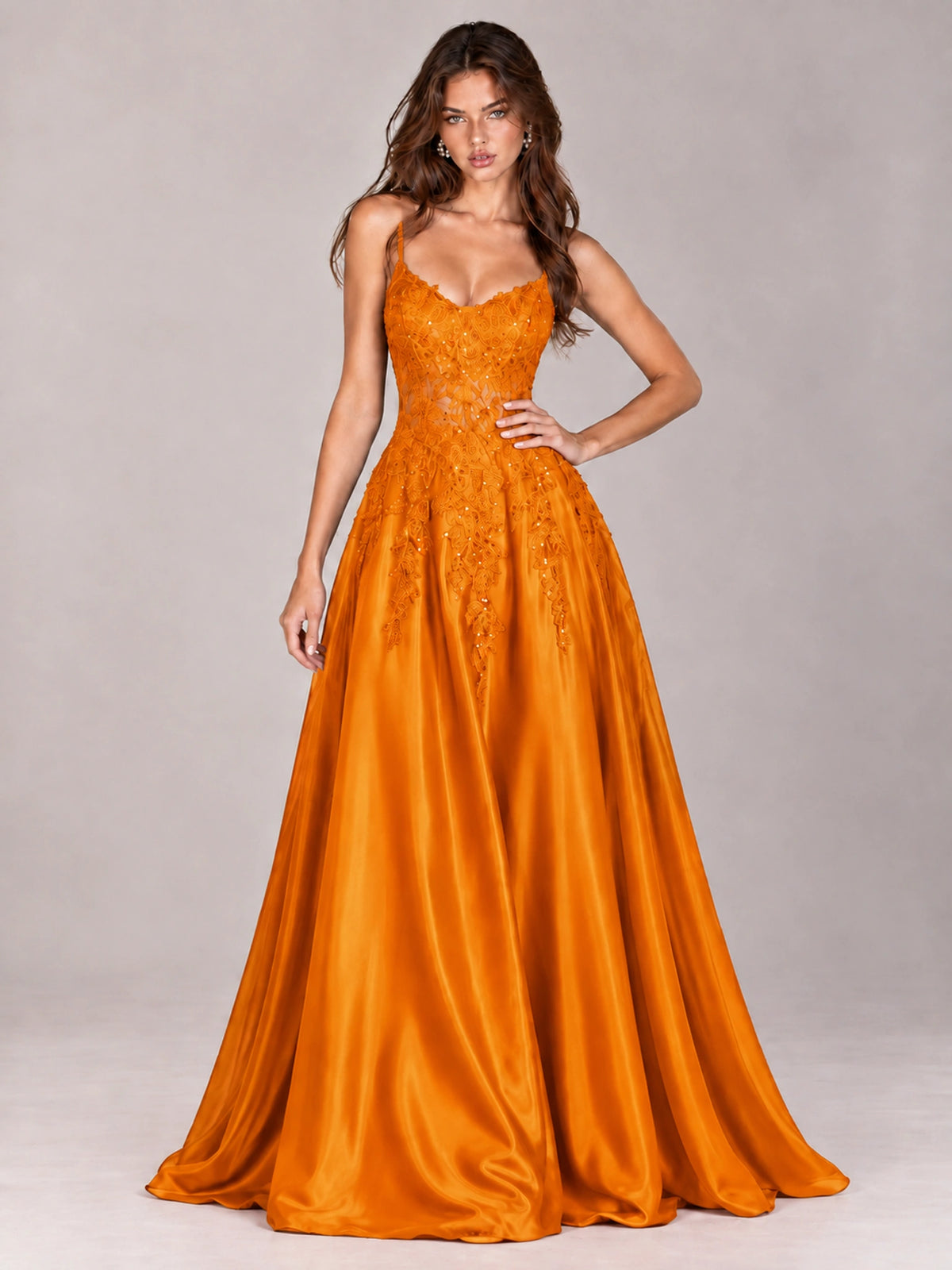Lace Applique Satin A-Line Prom Dress with Sheer Bodice