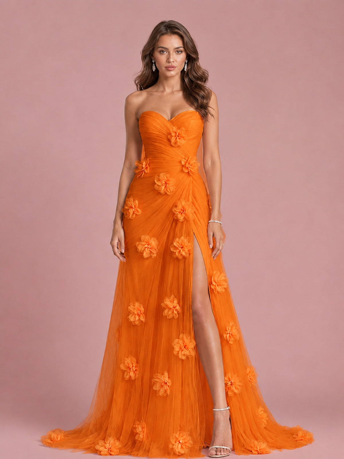 3D Floral Applique Strapless Tulle Prom Dress with High Slit