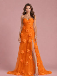 3D Floral Applique Strapless Tulle Prom Dress with High Slit