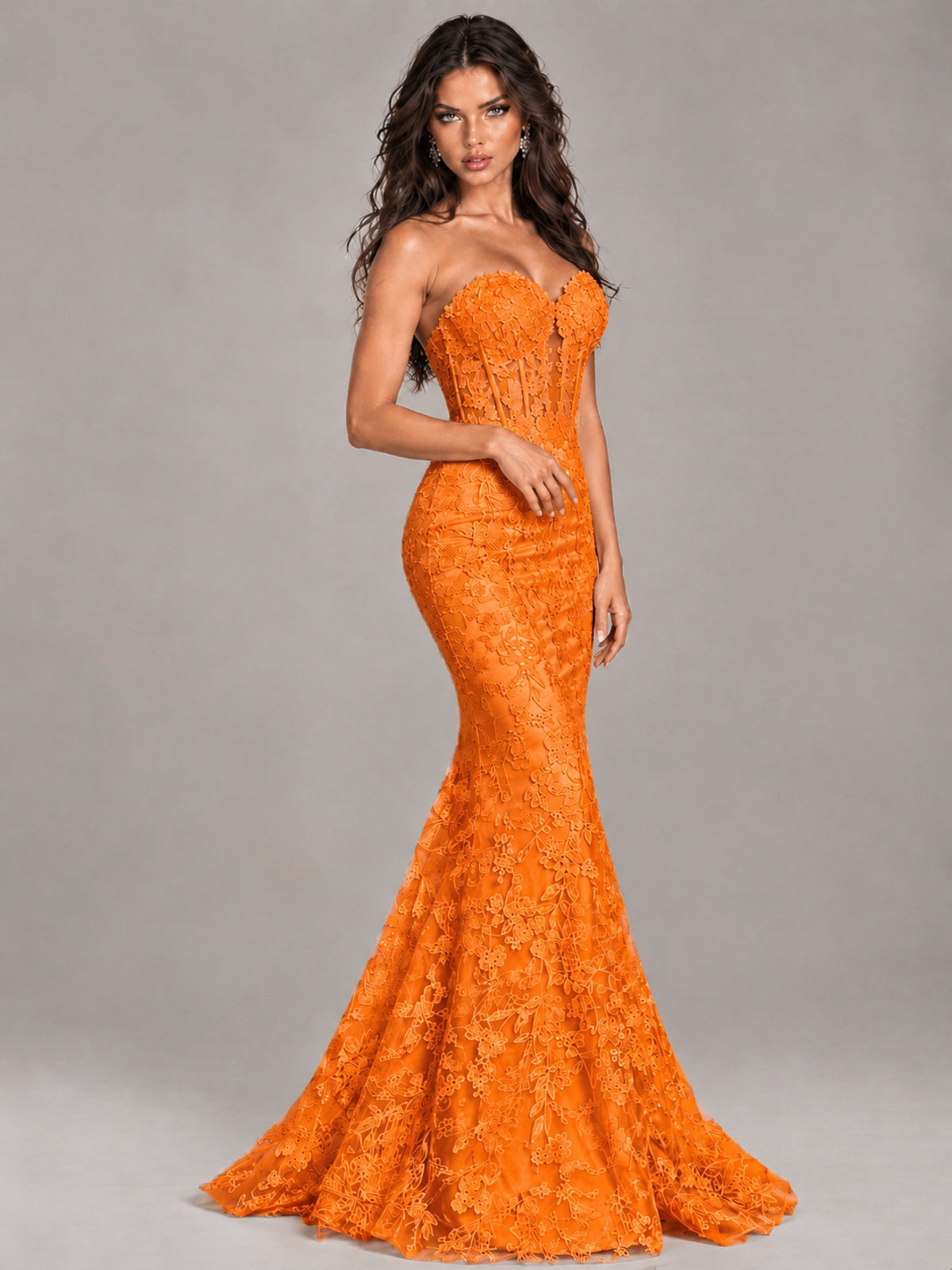 Strapless Corset Mermaid Prom Dress Lace Appliqué Formal Gown