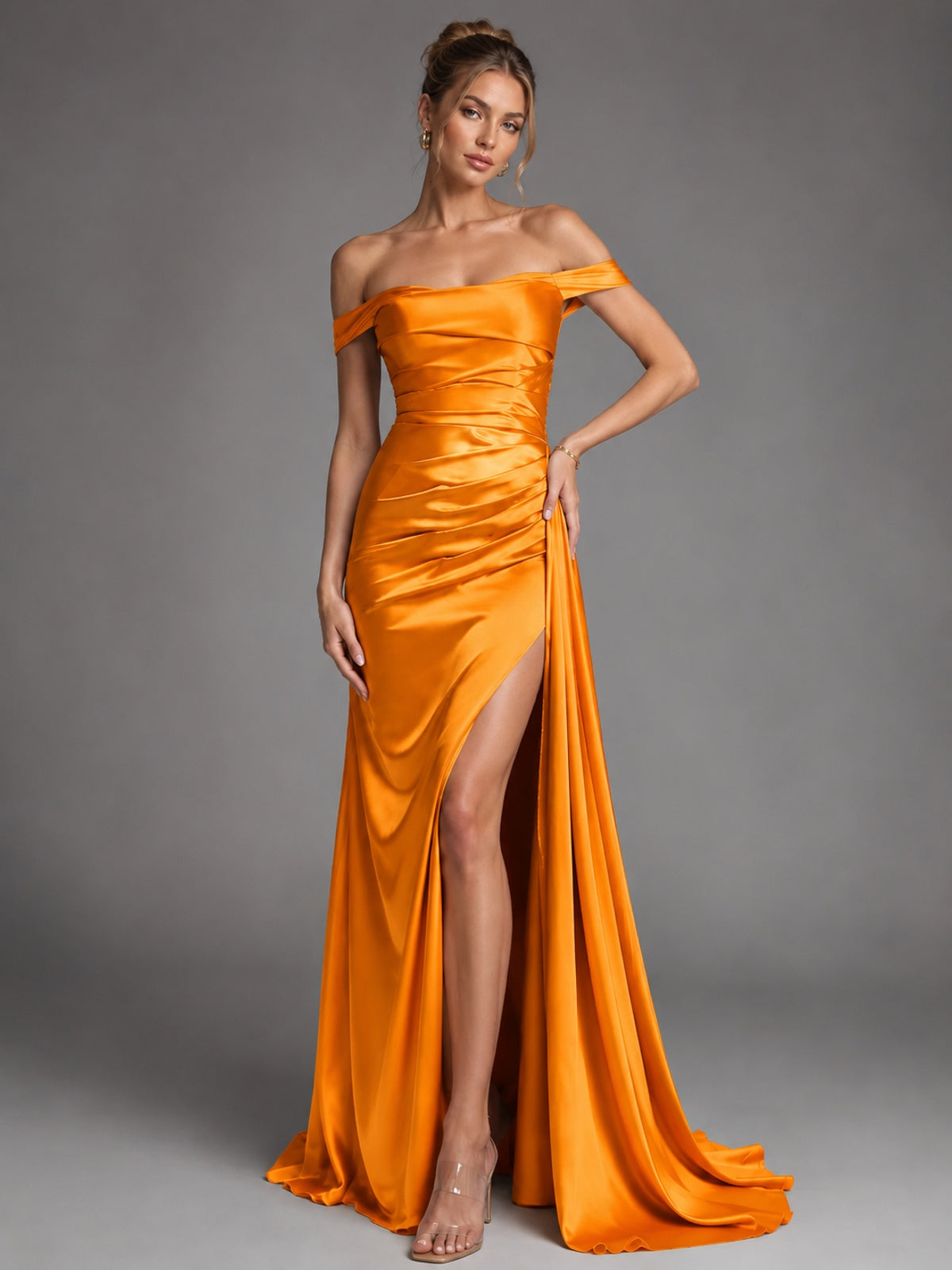 Off Shoulder Satin Maxi Dress with Slit