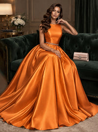 Satin A-Line Prom Dress Sleeveless Beaded Waist Formal Gown with Pockets