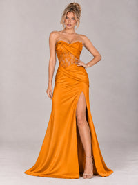 Strapless Satin Prom Dress with Sheer Lace Corset & High Slit