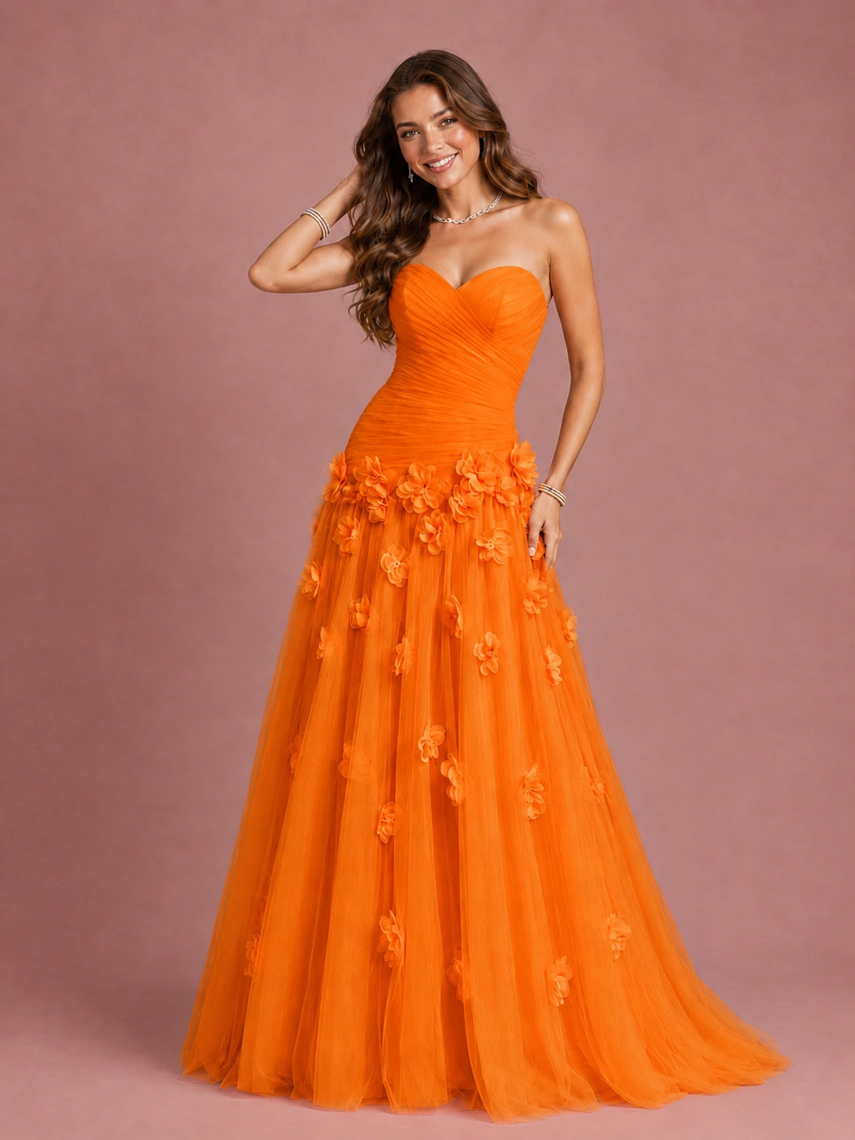 Blush Pink Strapless Sweetheart 3D Floral Tulle Ball Gown Prom Dres