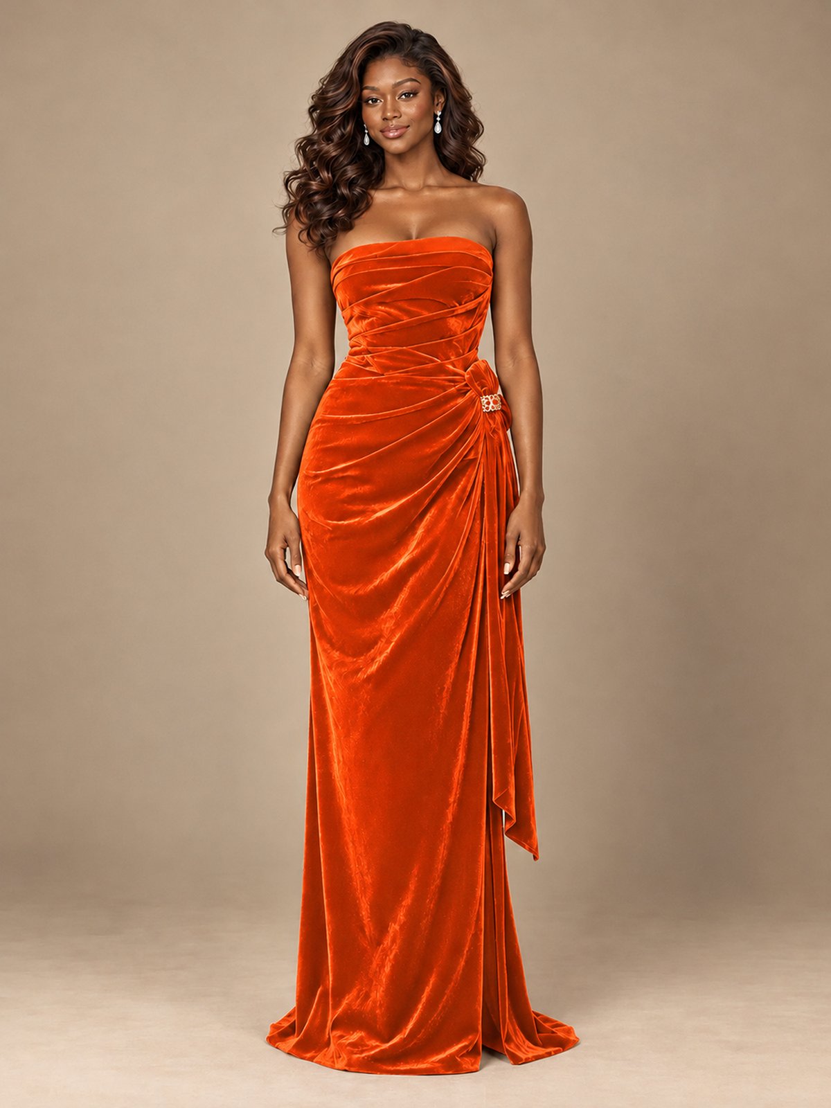 Burgundy Velvet Strapless Ruched Prom Dress with Jeweled Side Drape