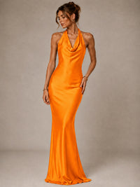 Olive Green Halter Satin Mermaid Maxi Dress